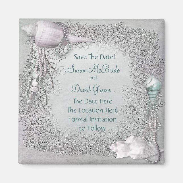 Pearl Seashell Beach Wedding Spara datum magneter (Framsidan)