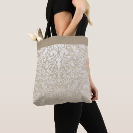 Pearl Silver Damask Pattern Tote Bag, stor Tygkasse