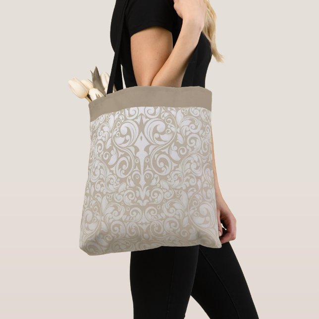 Pearl Silver Damask Pattern Tote Bag, stor Tygkasse (Närbild)