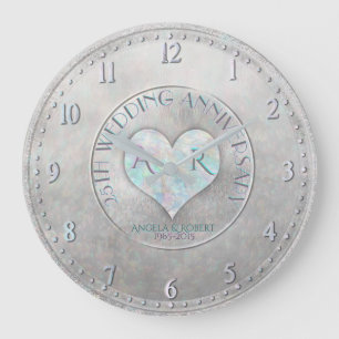 Pearl Silver Heart Monogram Bröllop-årsdag Stor Klocka