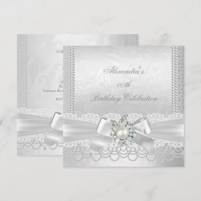 Pearl Snöre Damask Diamond Silver White Bow Party Inbjudningar (Fram/baksida)
