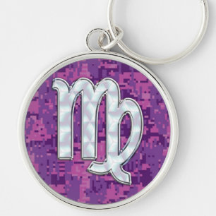 Pearl Våg Zodiac Sign Rosa Fuchsia Digital Camo Rund Silverfärgad Nyckelring