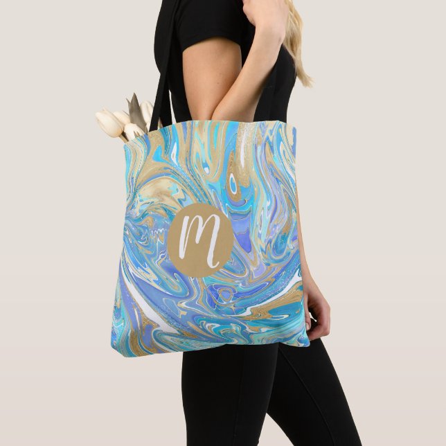 Pearlescent Aqua & Guld Vätska Marble Monogram Tygkasse (Närbild)