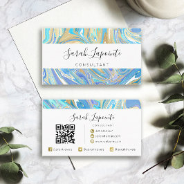 Pearlescent Aqua & Guld Vätskemarknad QR-kod Visitkort