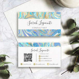 Pearlescent Aqua & Guld Vätskemarknad QR-kod Visitkort