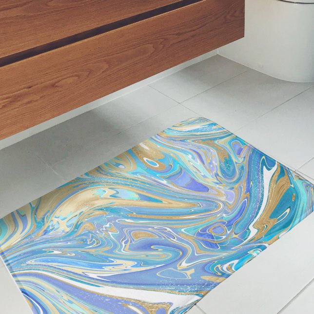 Pearlescent Aqua & Guld Vätskematerial Badrumsmatta (Aqua & Gold Marble Paint Pour Art Bath Mat - Artistic Bathroom Accessory)