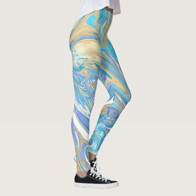 Pearlescent Aqua & Guld Vätskematerial Leggings (Höger)