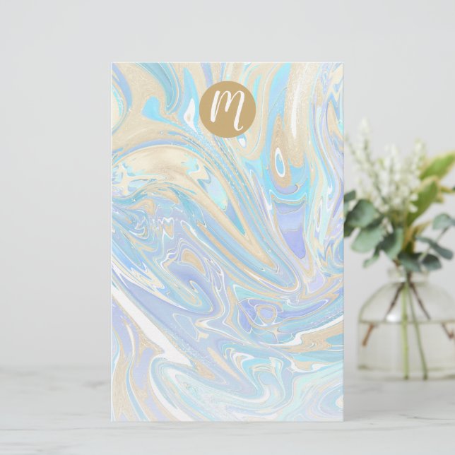 Pearlescent Aqua & Guld Vätskematerial & Monogram Brevpapper (Stående Fram)