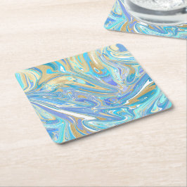 Pearlescent Aqua & Guld Vätskematerial Underlägg Papper Kvadrat