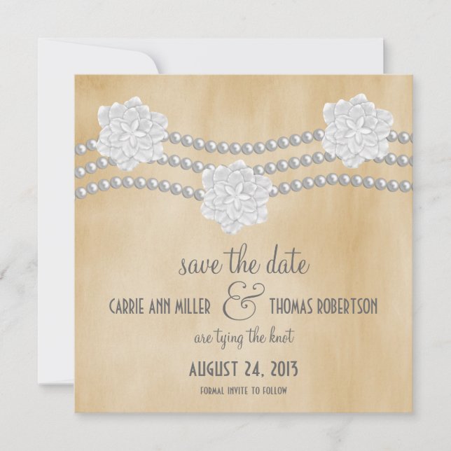 Pearls and Flowers Save Date Inbjudan, Ivory Spara Datumet (Framsida)