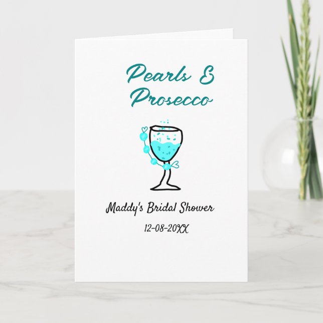 Pearls and prosecco bridal shower blue black name  kort (Framsida)