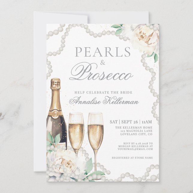 Pearls And Prosecco Bridal Shower Inbjudningar (Framsida)