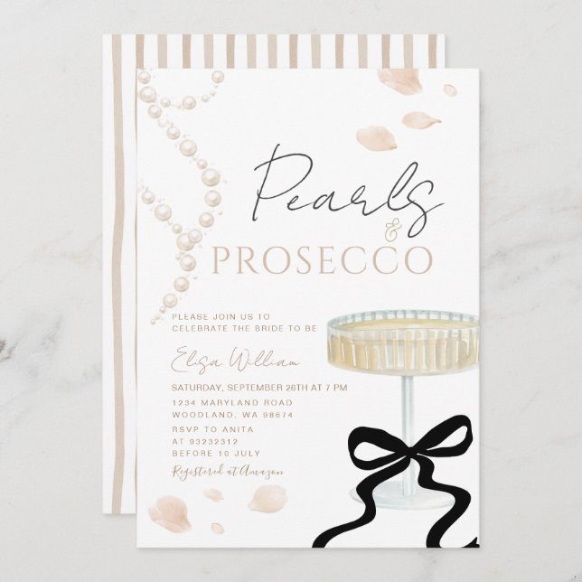 Pearls and Prosecco Ivory Bow  Bridal Shower  Inbjudningar (Fram/baksida)