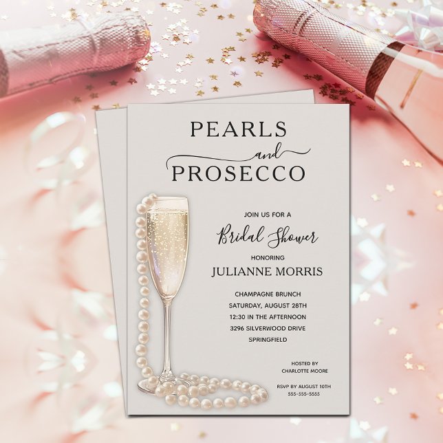 Pearls and Prosecco Möhippa Brunch & Bubly Inbjudningar (Pearls and Prosecco taupe bridal shower brunch & bubbly invitations)