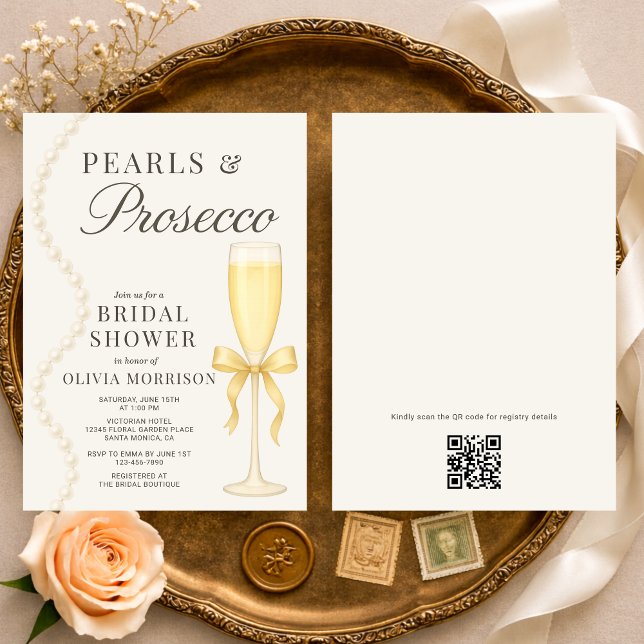 Pearls and Prosecco QR Code Bridal Shower Inbjudningar (Skapare uppladdad)