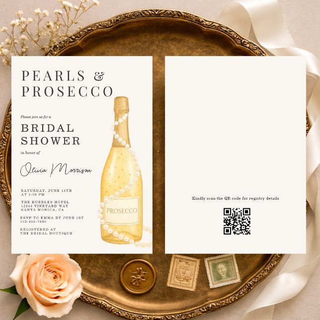 Pearls and Prosecco QR Code Bridal Shower Inbjudningar (Skapare uppladdad)