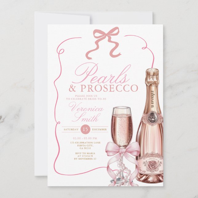 Pearls and Prosecco Rosa Bow Möhippa Inbjudningar (Framsida)