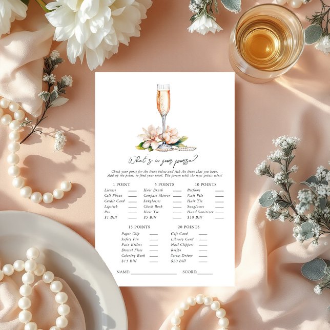 Pearls and Prosecco What's in Your Purse? Spel (Pearls and Prosecco What’s in Your Purse? Bridal Shower Game)