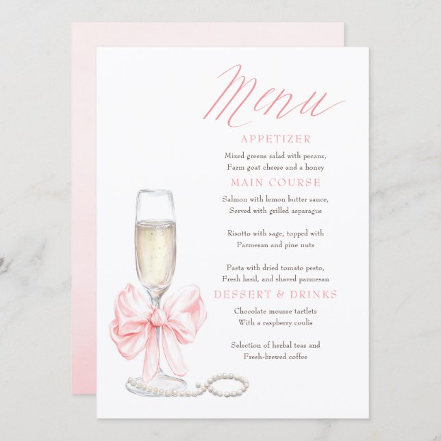 Pearls and Prosecco Whimsical Chic Menu Cards Meny (Fram/baksida)