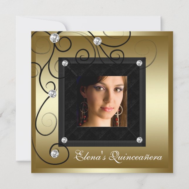 Pearls Black Guld Photo Quinceanera-inbjudningar Inbjudningar (Framsida)
