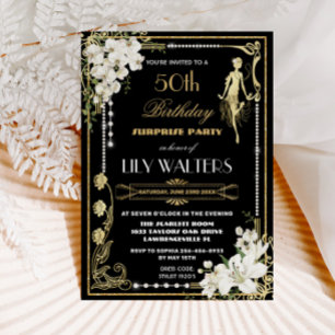 Pearls Blommigt Art Deco Gatsby Birthday ANY AGE I Inbjudningar