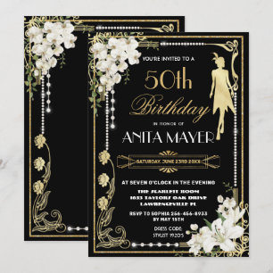Pearls Blommigt Art Deco Gatsby Birthday ANY AGE Inbjudningar