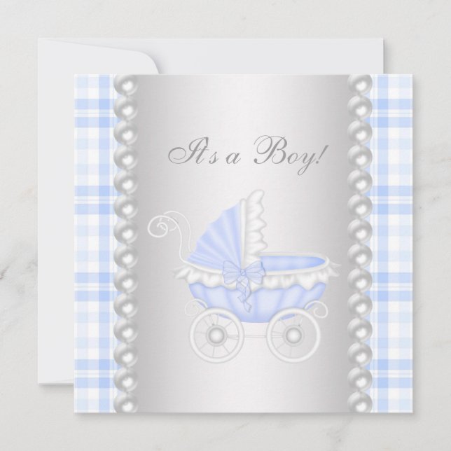 Pearls Blue Gingham Carriage Pojke Shower Inbjudningar (Framsida)