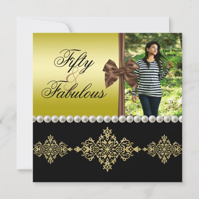Pearls & Bow Guld & Black Fabulous 50 Photo Womens Inbjudningar (Framsida)