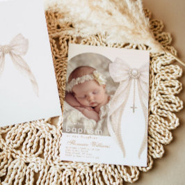 Pearls Bow Ivory elegant Arch Photo Baptism Inbjudningar