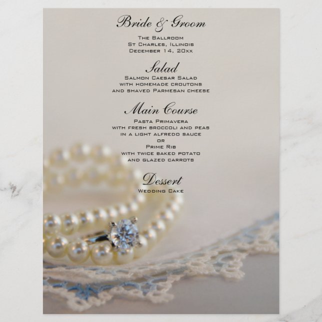 Pearls, Diamond Ring och Blue Snöre Bröllop Menu (Framsida)