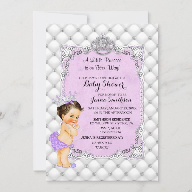 Pearls Diamonds Brunette Princess Baby Lavender Inbjudningar (Framsida)