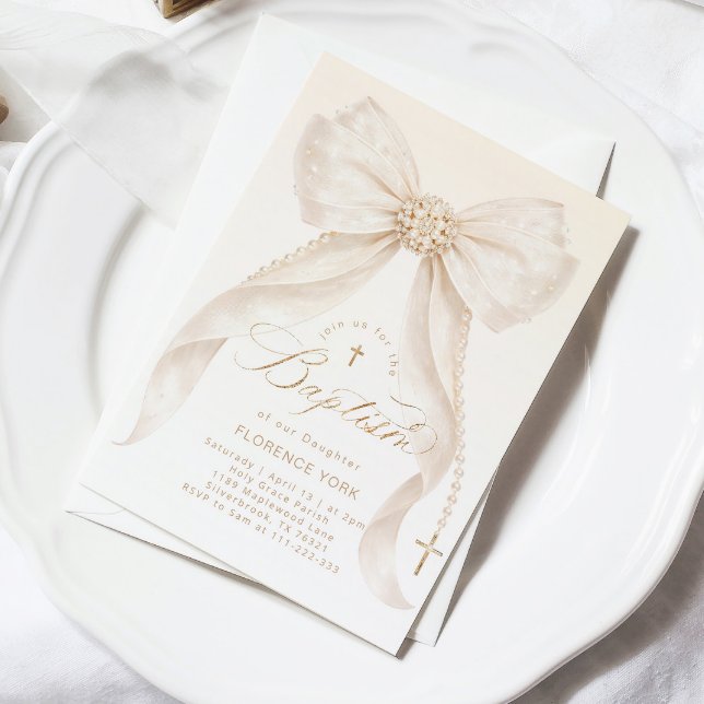 Pearls Gold Bow Girl Baptism Religious Inbjudningar (Skapare uppladdad)