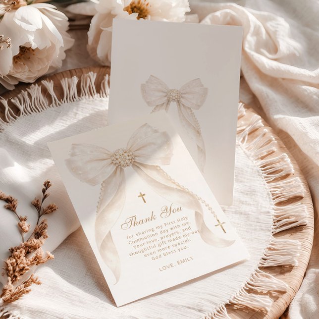 Pearls Gold Bow Girl Baptism Religious Tack Kort (Skapare uppladdad)