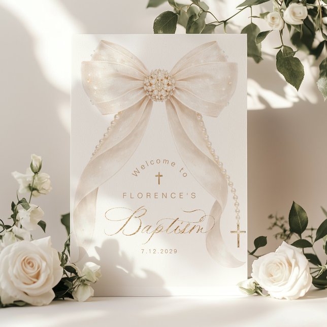 Pearls Gold Bow Girl Baptism Welcome Poster (Skapare uppladdad)