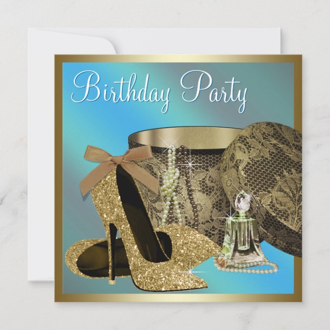 Pearls High Heel Shoes Teal Blue Womans Birthday Inbjudningar (Framsida)