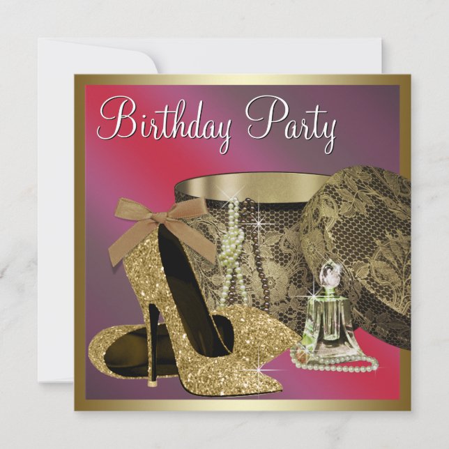 Pearls High Heel Shoes Womans Red Birthday Inbjudningar (Framsida)