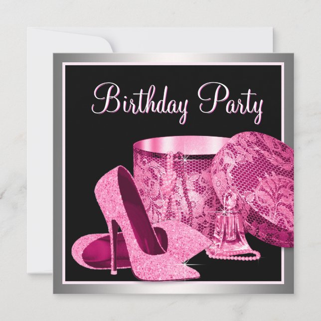 Pearls High Heel Shoes Womans Shock rosa Birthday Inbjudningar (Framsida)