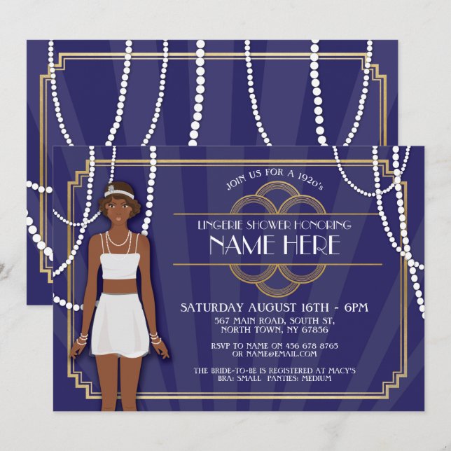 Pearls Lingerie Shower Twenties Guld Navy Inbjudan (Fram/baksida)