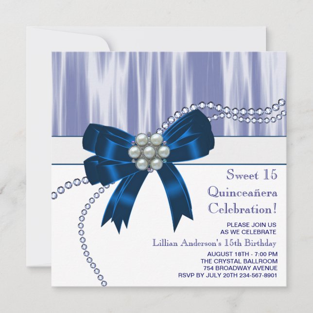Pearls Navy Blue Quinceanera Inbjudningar (Framsida)