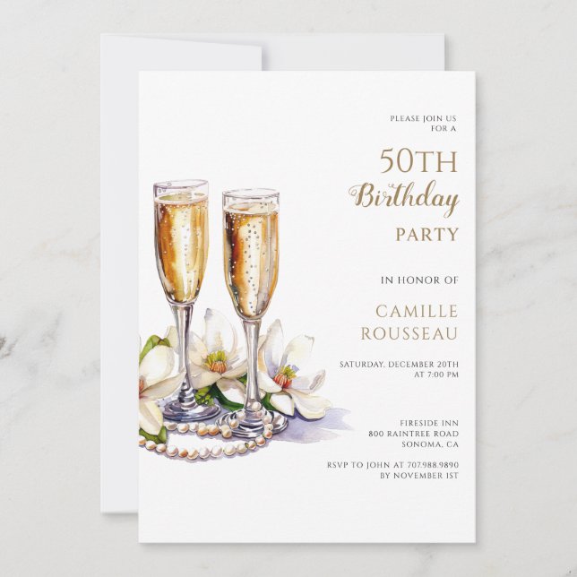 Pearls och Prosecco 50:e Födelsedagsfesten Inbjudningar (Framsida)