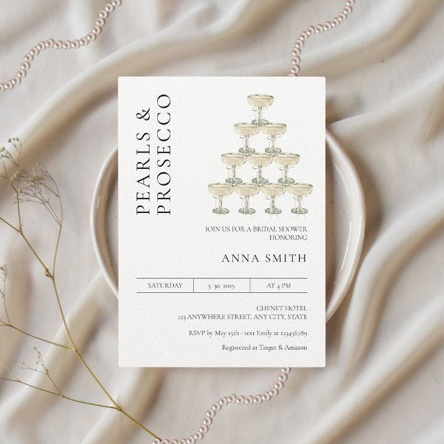 Pearls och Prosecco Möhippa Modern Minimal Inbjudningar (Pearls & Prosecco Bridal Shower Invitation)