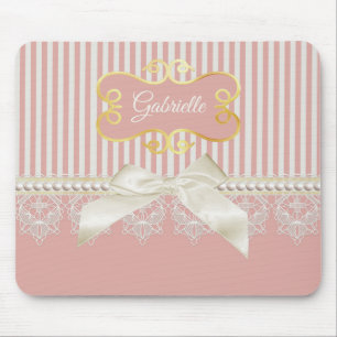 Pearls och Snöre Rosa Rand Cream Bow och Namn Musmatta
