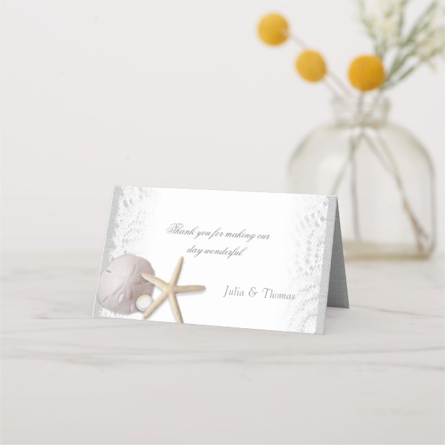 Pearls och White Snöre Beach Wedplace Card Placeringskort (Baksida)