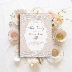 Pearls Peach Möhippa Tea Party Elegant Snöre Pearl Inbjudningar