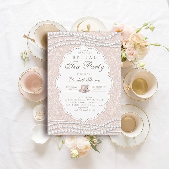 Pearls Peach Möhippa Tea Party Elegant Snöre Pearl Inbjudningar (bridal tea shower party invitation lace pearls peach pink elegant modern classic chic)