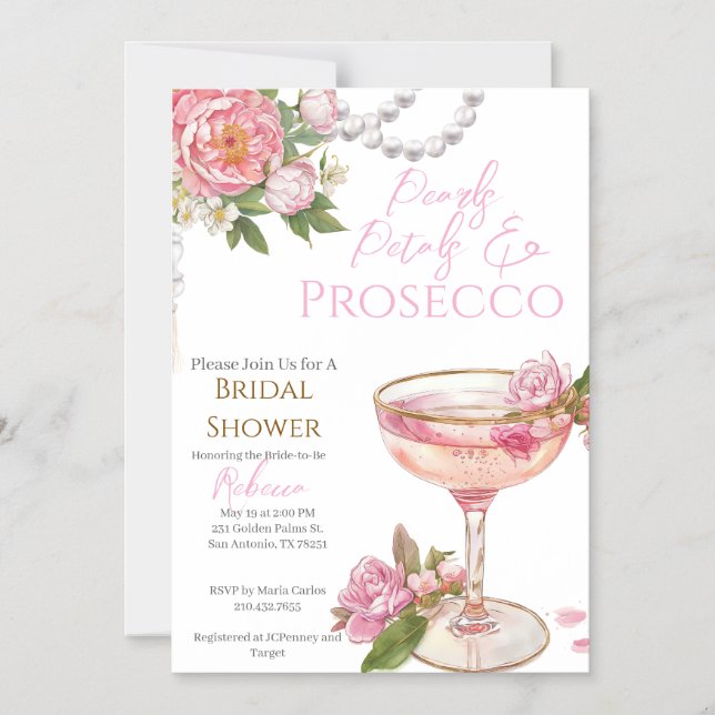 Pearls, Petals & Prosecco Bridal Shower Invitation Magnetisk Inbjudningskort (Framsida)