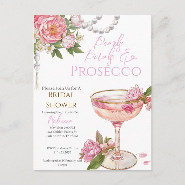 Pearls, Petals & Prosecco Bridal Shower Invitation Vykort (Framsida)
