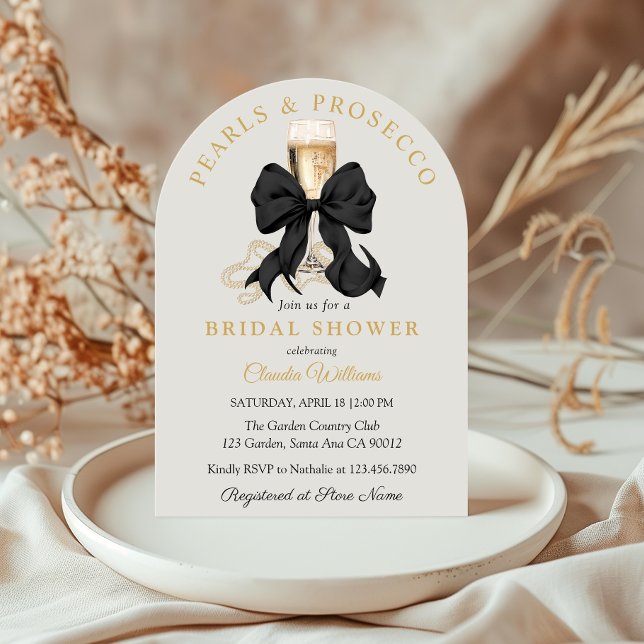 Pearls Prosecco Black Bow Bridal Shower Invitation Inbjudningar (Elegant Black Bow and Pearls Bridal Shower Invitation)