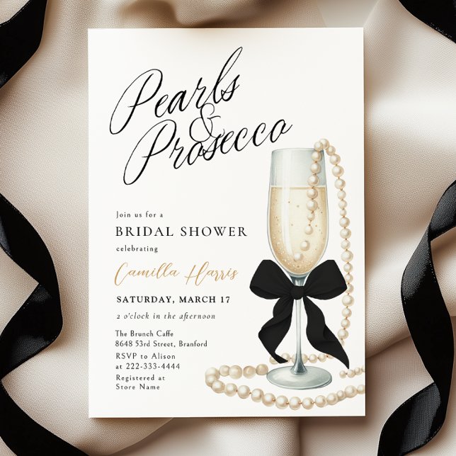Pearls & Prosecco Black Bow Möhippa Inbjudningar (Skapare uppladdad)