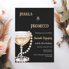 Pearls Prosecco Black guld födelsedag Inbjudningar